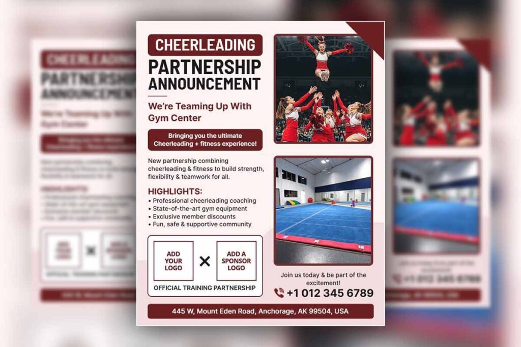Professional Cheerleading Coaching And Gym Partnership Flyer Template