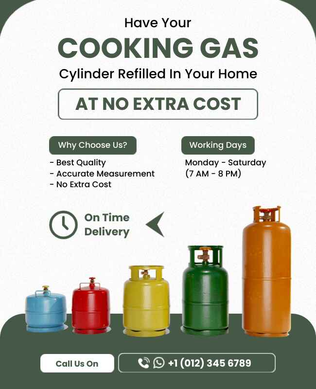 Elegant cooking gas flyer with clear service details and sleek design.