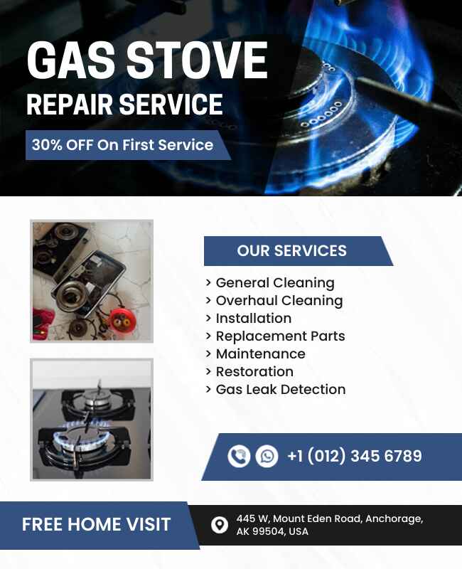 Professional gas stove repair flyer with clear contact details.