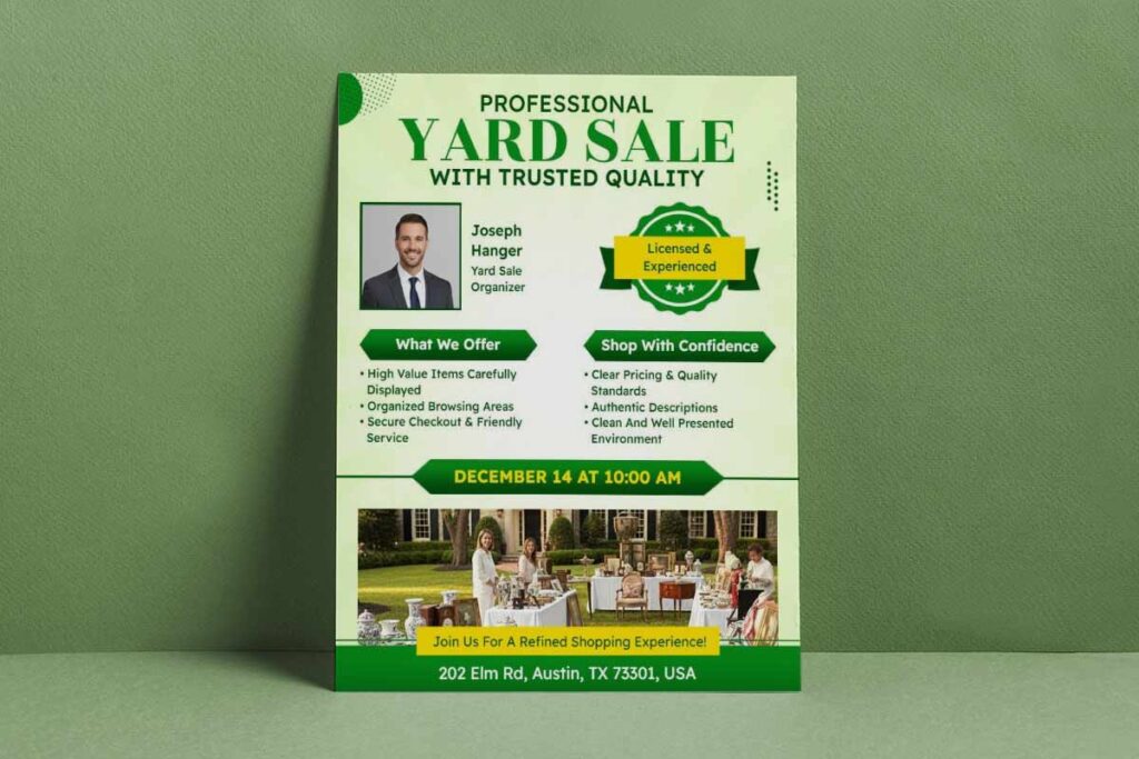 Professional Green Trusted Quality Yard Sale Event Flyer Template