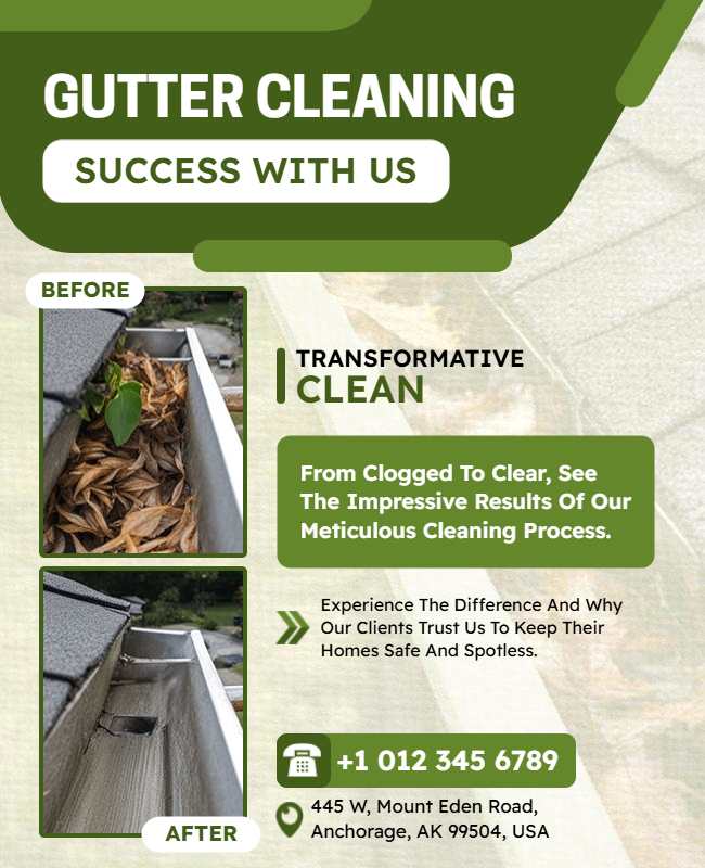 Before-and-after flyer showcasing gutter cleaning with before and after photo.