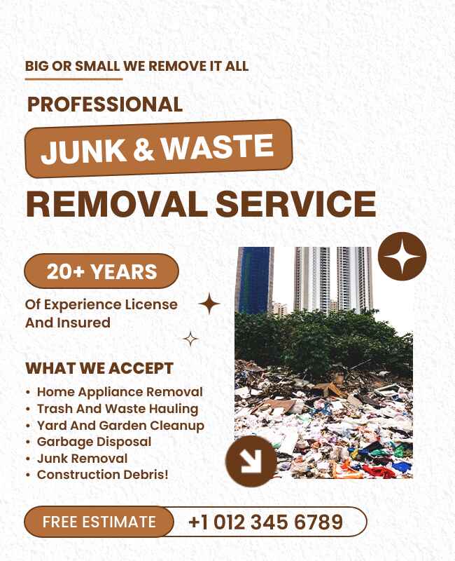 Clean and professional flyer for junk and waste removal services, showcasing expertise.