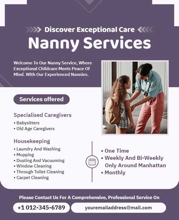 Professional Nanny Service Flyer Featuring Sleek Design and Service Information