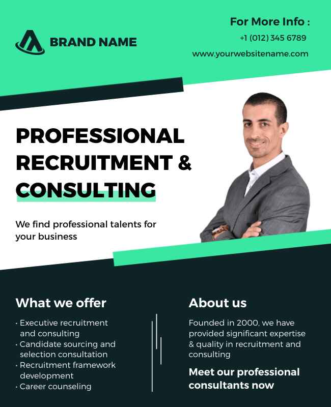 Professional recruitment consulting flyer template featuring job listings.