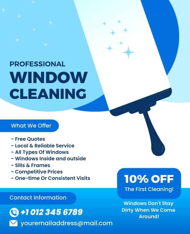 Professional window cleaning flyer featuring sleek design and business details.