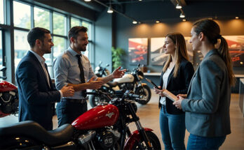 Motorcycle showroom with seller explaining features to buyers, showcasing promotional flyers