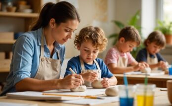 A teacher guiding a young child in a craft class