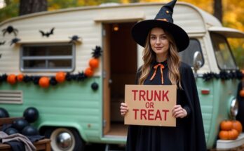 Witch costumed woman holding Trunk or Treat sign by Halloween camper