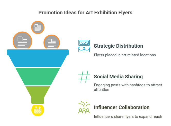 Infographics describing promotion ideas for art exhibition flyers.