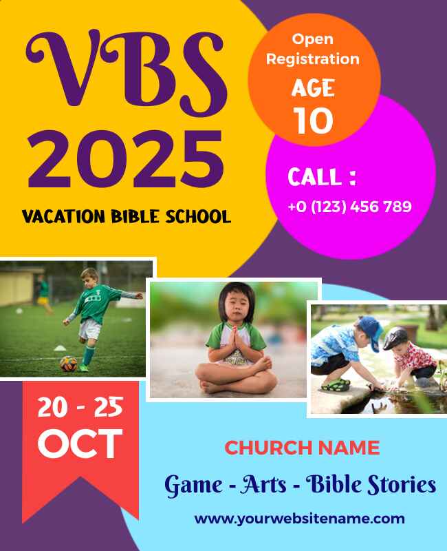 Purple VBS flyer with colorful collage design and lively graphics.