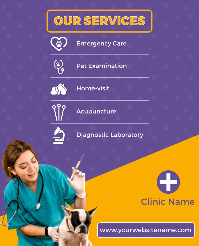 A lively and eye-catching flyer featuring a purple and yellow color scheme for pet services.