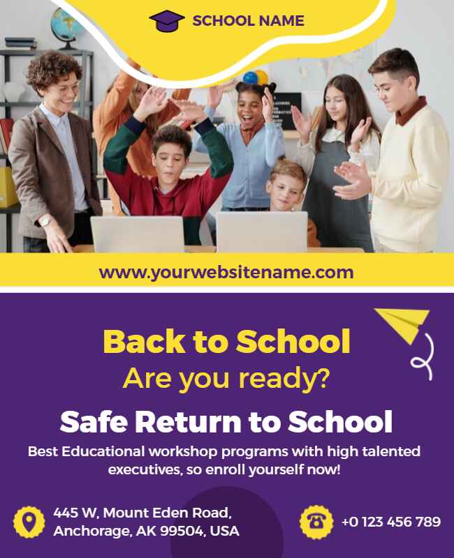 Purple-themed back-to-school flyer with attractive graphics and details.