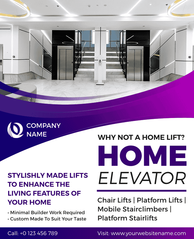 Elevator service flyer with a stylish purple-toned design.