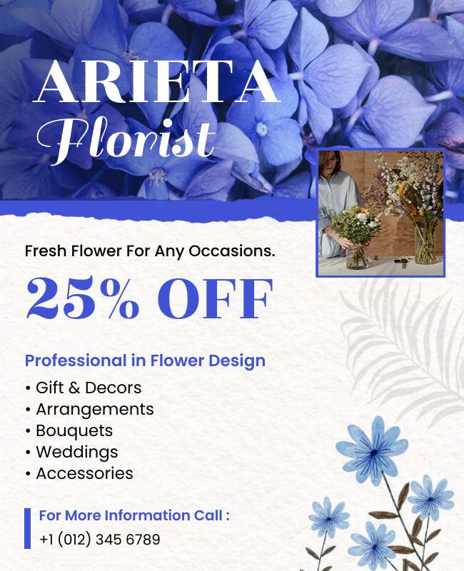 Purple-themed flyer for a florist shop with floral designs.