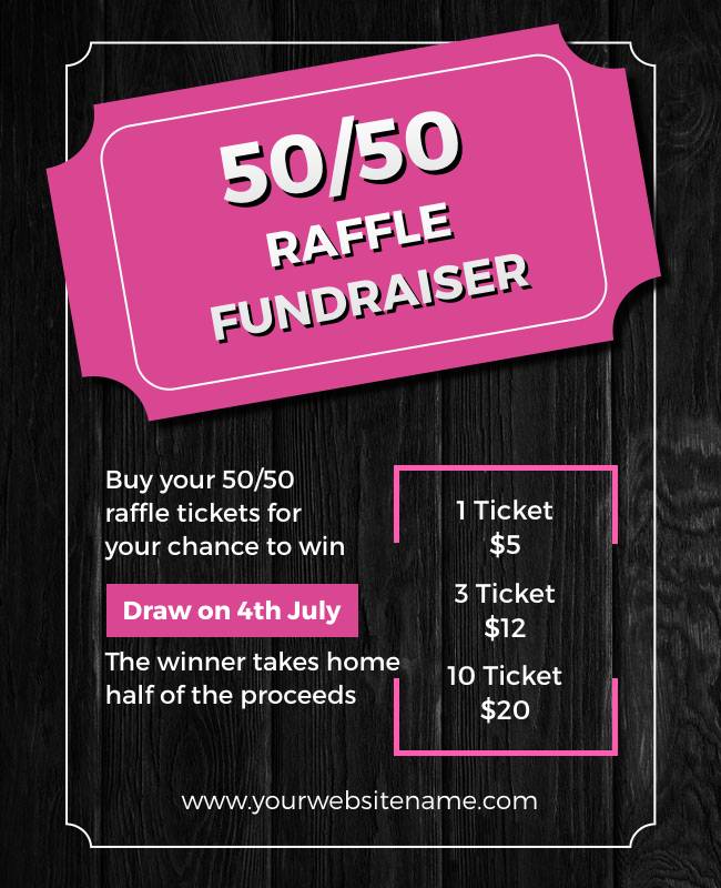 50-50 raffle flyer highlighting prize details and winning opportunities