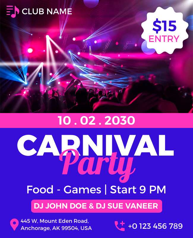 Neon-lit flyer with glowing visuals for a nighttime carnival event.