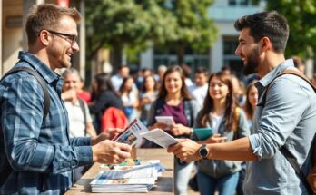 Two men enthusiastically distributing pamphlets to engaged college students in a lively campus setting