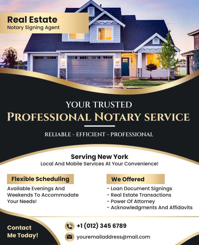 Real estate notary flyer with service details and client testimonials for trust.