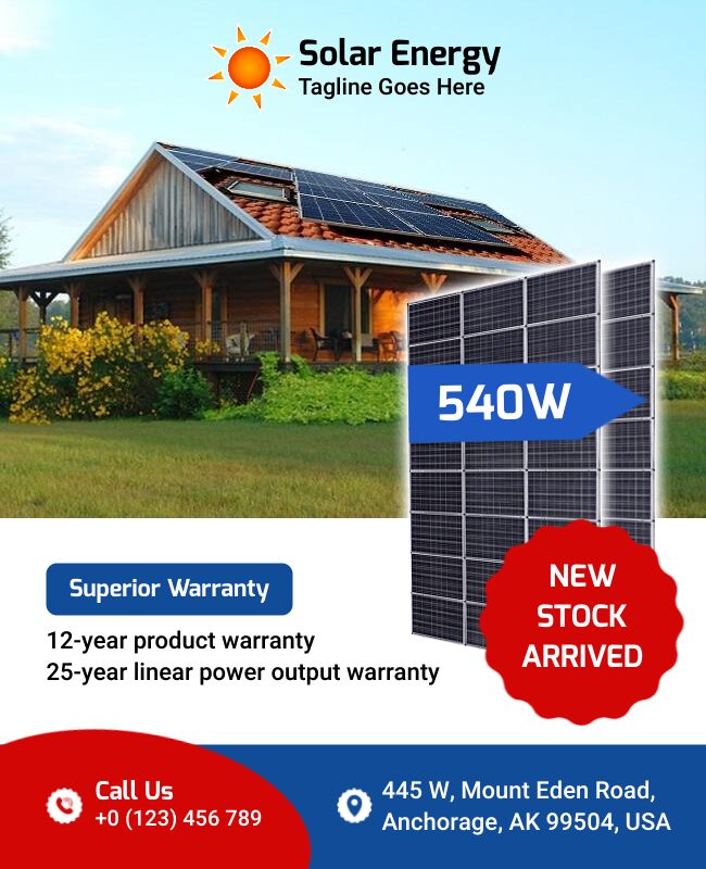 Realistic solar energy flyer showing solar panel applications.