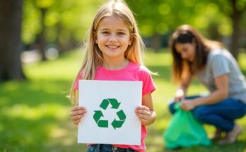 A young girl hold a sign with a recycling symbol