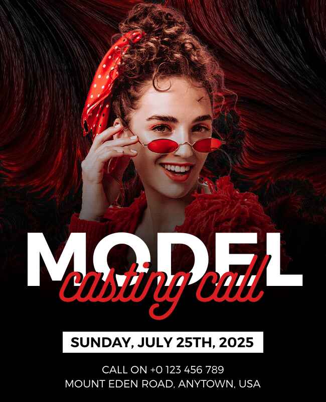 Red and black casting call flyer with bold design to attract models and talent.