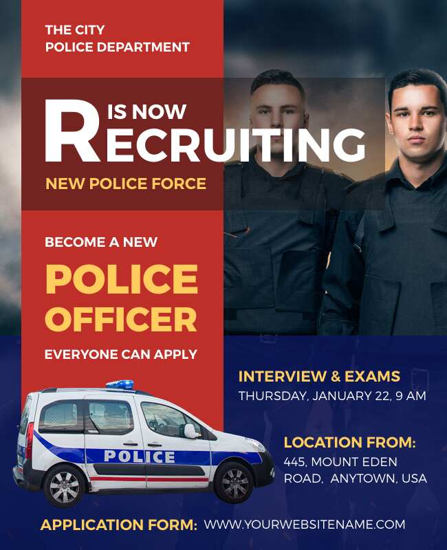 Eye-catching red and blue flyer highlighting police department recruitment benefits.