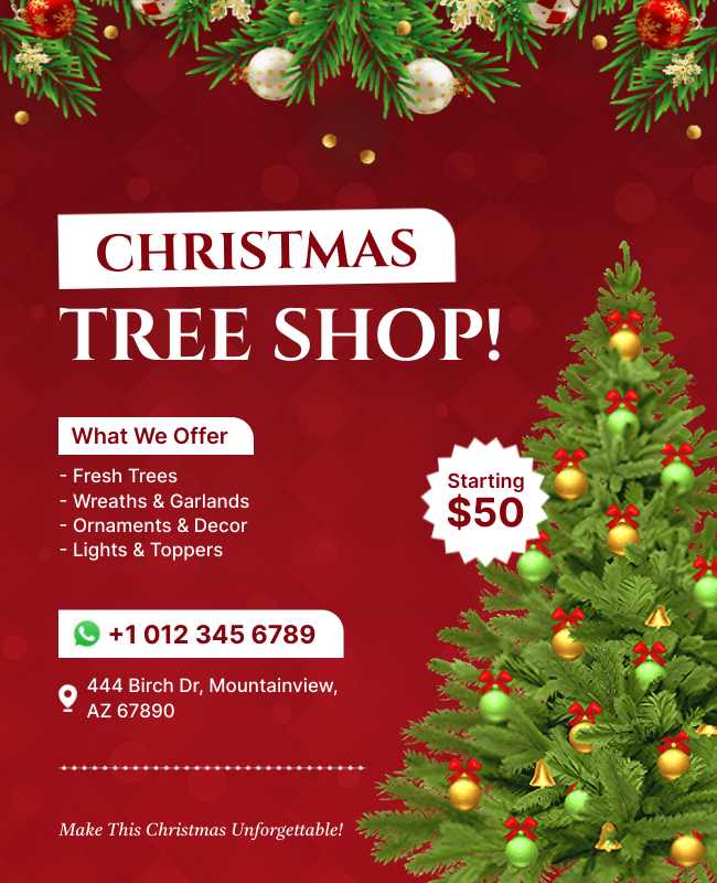 Classic Christmas flyer with red and green tones, decorated trees, and festive snowflakes.