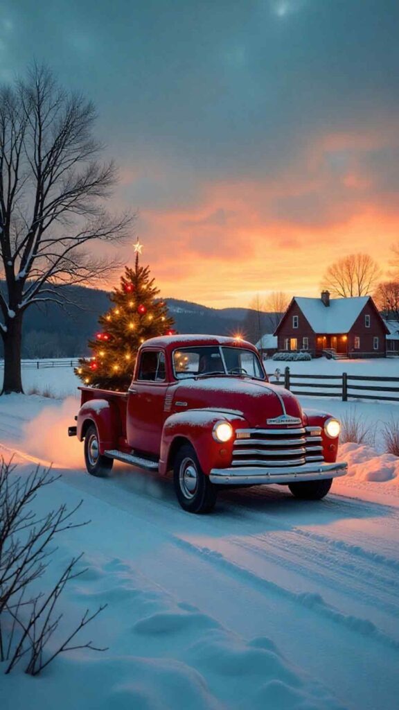 Red Truck Carrying Christmas Tree Background