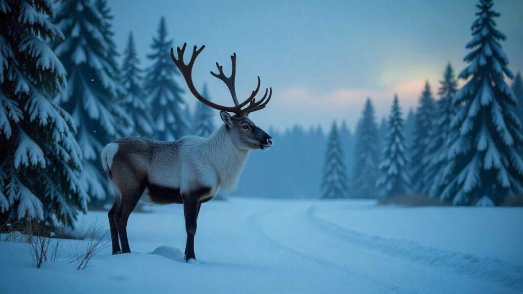 Reindeer In Winter Forest Background