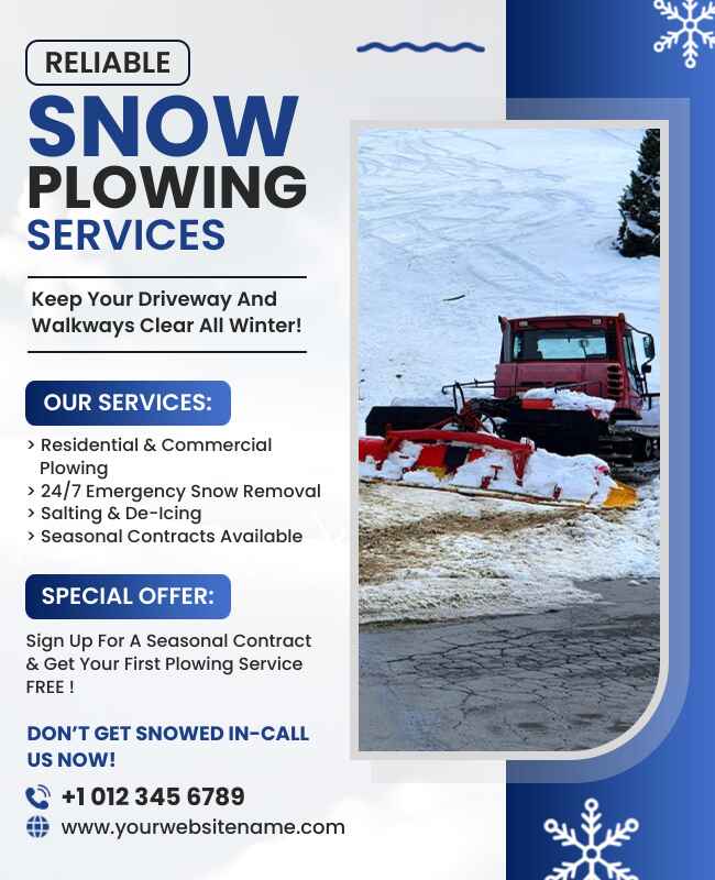 Trustworthy flyer design promoting dependable snow plowing solutions.