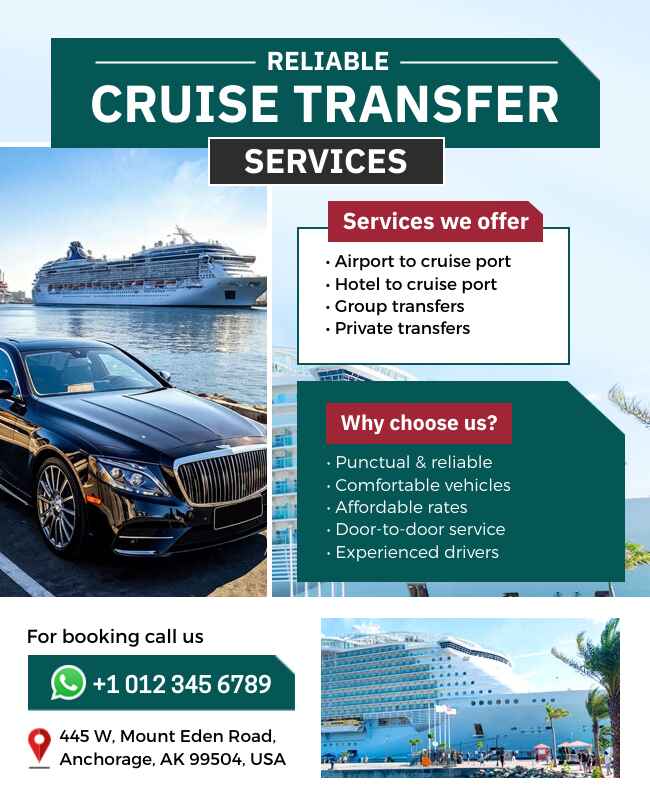 Reliable cruise transfer services flyer template with transportation details.