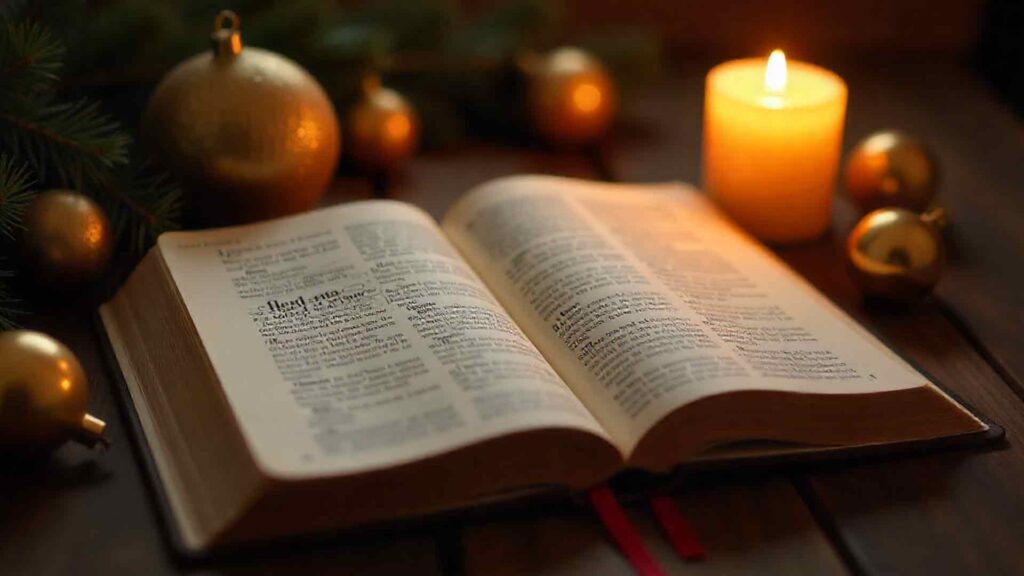 Religious Christmas Wallpaper With Open Bible And Glowing Candle On Wooden Table