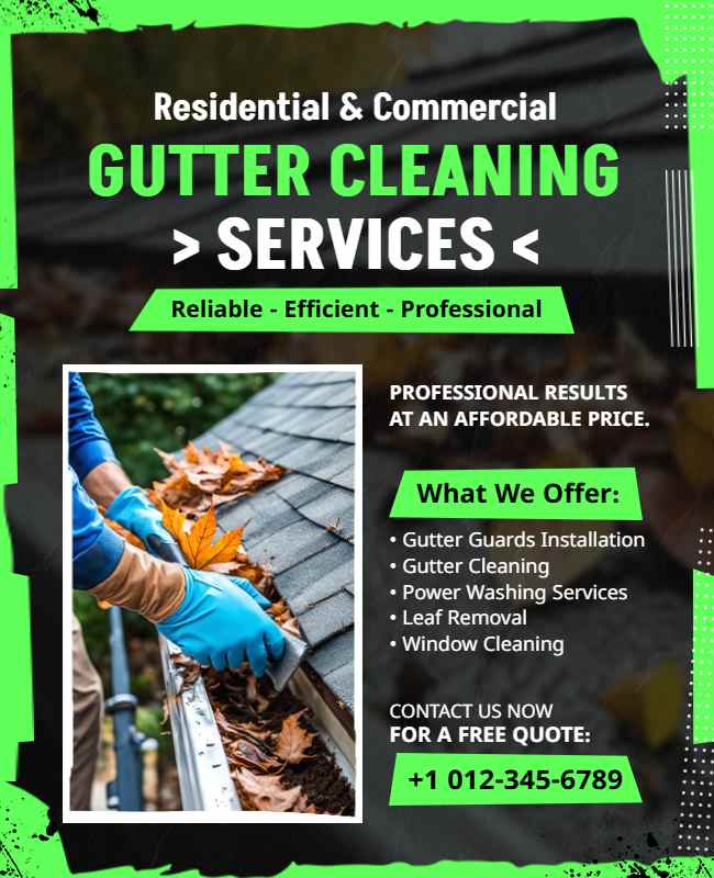 Simple gutter cleaning service flyer with pricing and contact details.