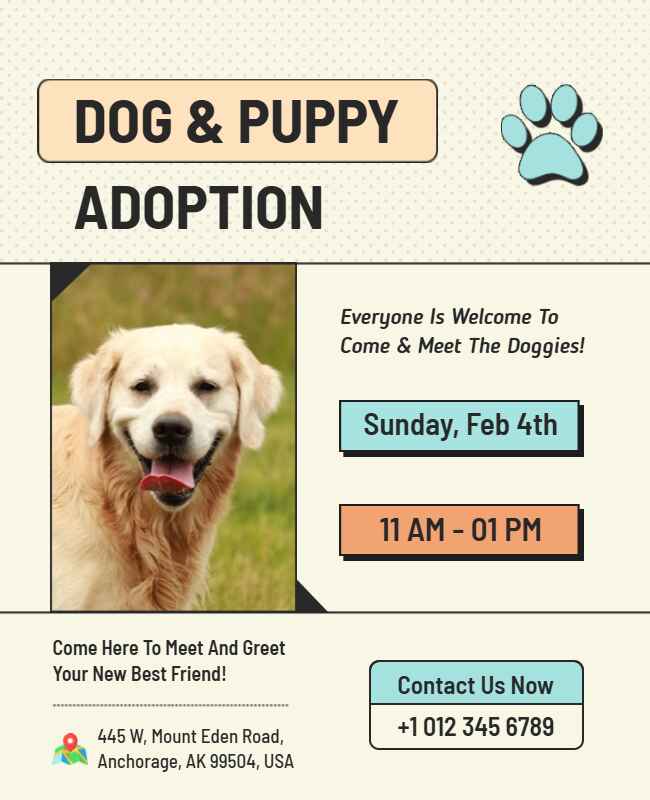 Retro-style dog and puppy adoption flyer with bold text and playful graphics.