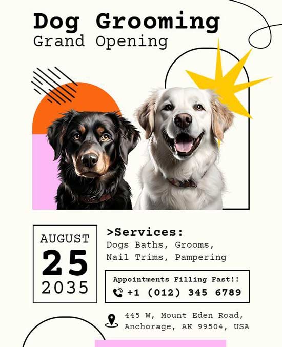 Retro Dog Grooming Grand Opening Flyer Featuring Vintage Design and Event Details