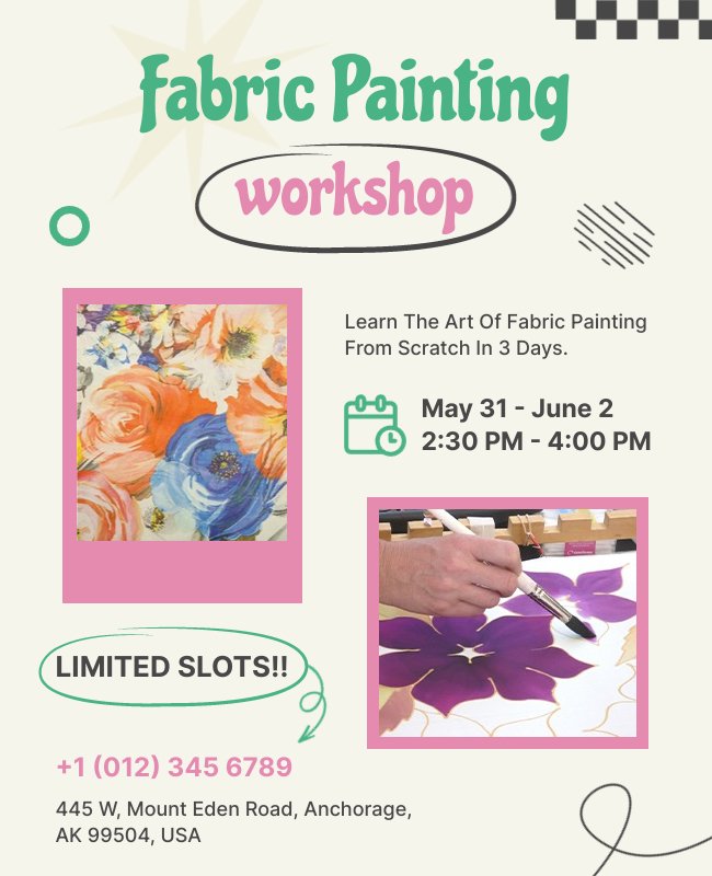 Flyers show floral painting for a fabric workshop with pastel shades, teaching fabric painting techniques.