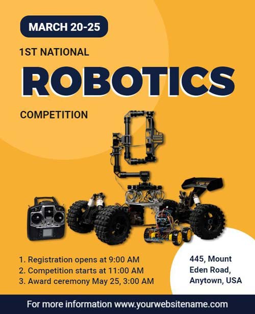 Robotics Competition Flyer Featuring Futuristic and Engaging Design