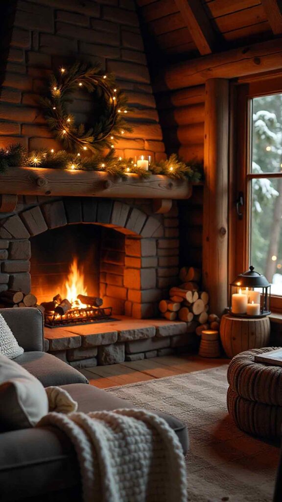 Rustic Cabin Fireplace and Cozy Blankets Background