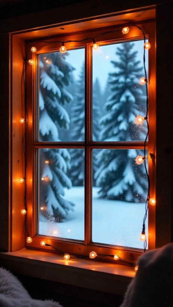 Rustic Cabin Window With Frost And Lights Background