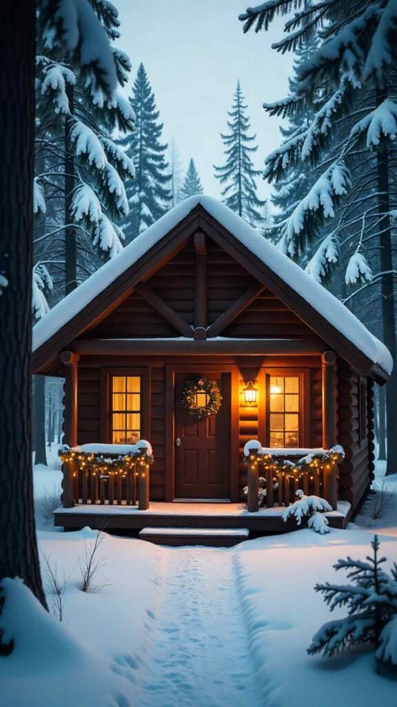 Rustic Cabin With Christmas Decorations Background
