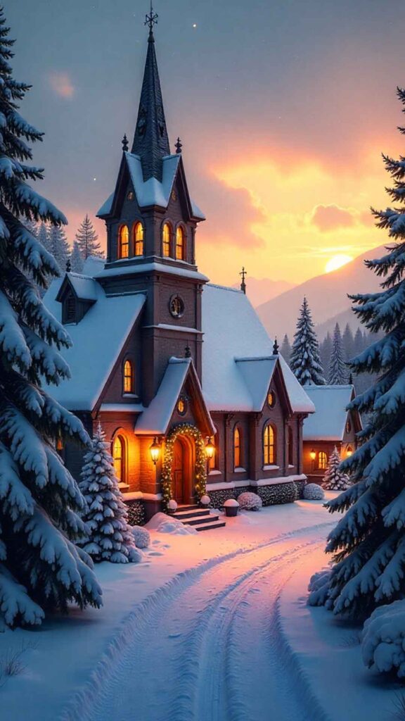 Rustic Countryside Chapel In Winter Wallpaper
