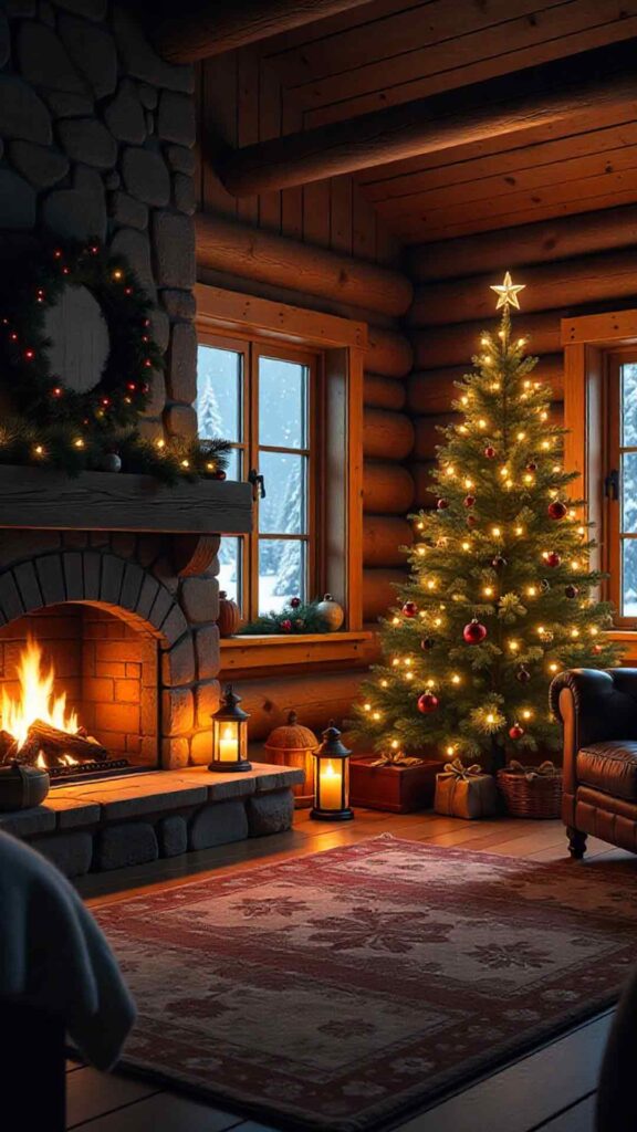 Rustic Stone Fireplace With Decorated Tree Background