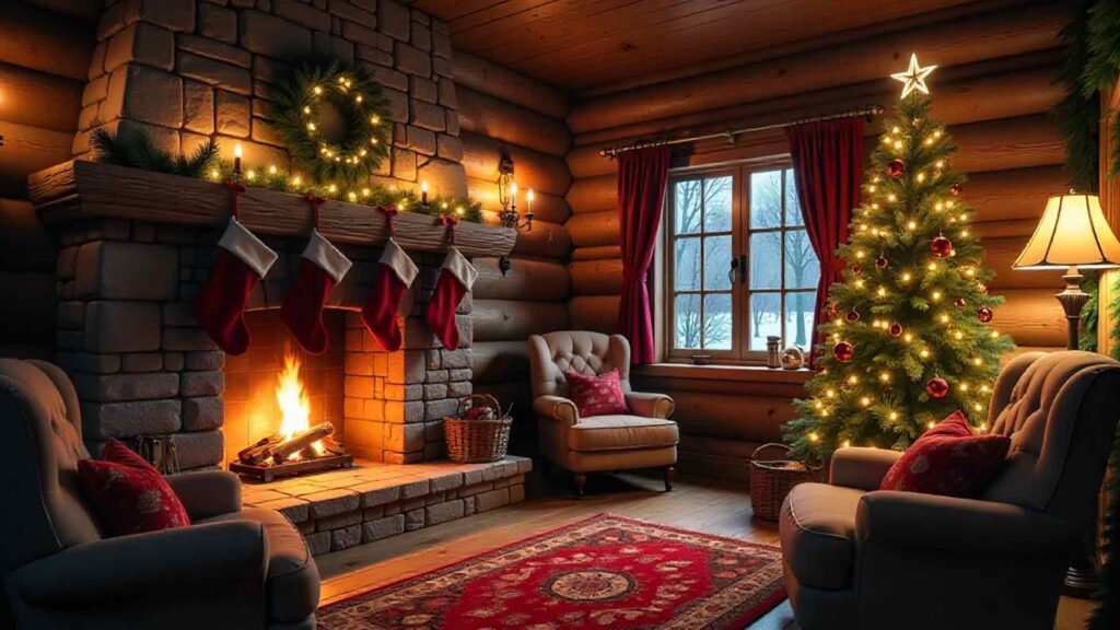 Rustic Wood Cabin Christmas Fireplace Background
