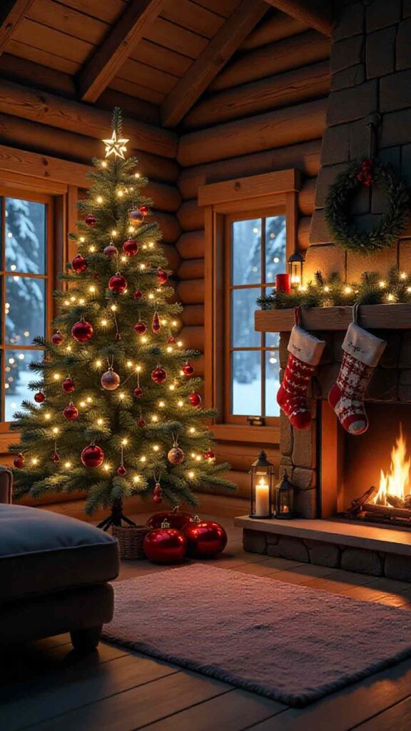 Rustic Wooden Cabin-style Living Room With A Natural Pine Christmas Tree