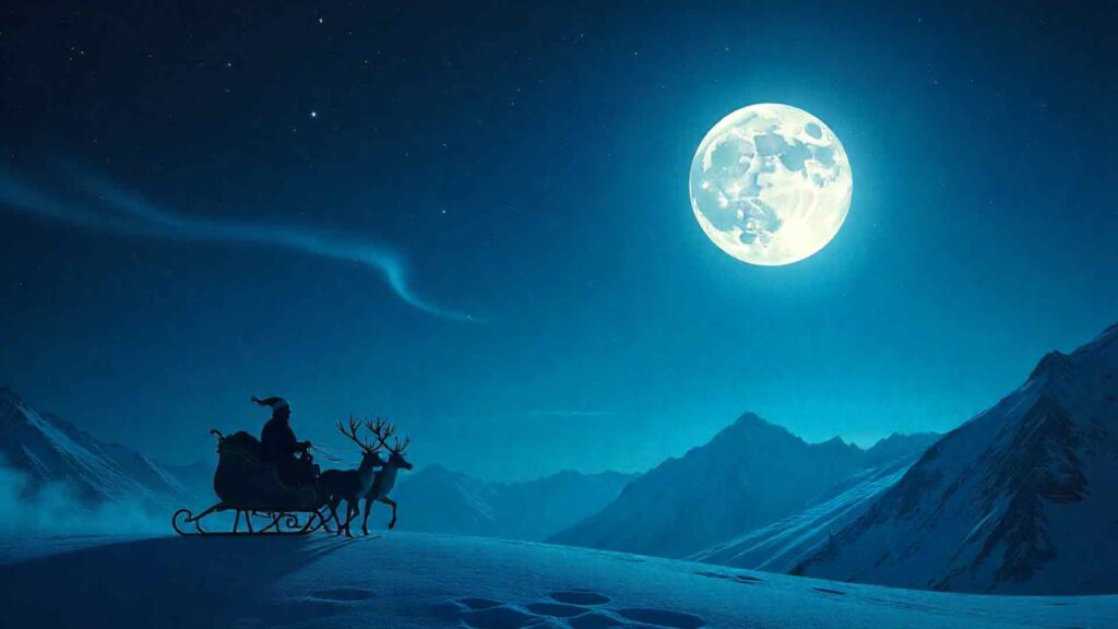 Santa Sleigh Silhouette Over Moon Night Sky Background