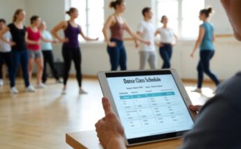 Person holding a tablet with a dance class schedule while a group practices in a studio