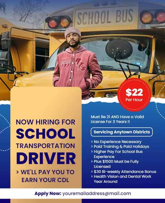 School Bus Driver Recruitment Flyer Highlighting Job Opportunities and Benefits