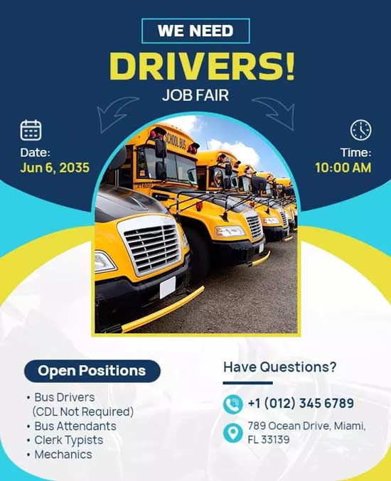 School Bus Drivers Job Fair Flyer Showcasing Hiring Details and Event Information