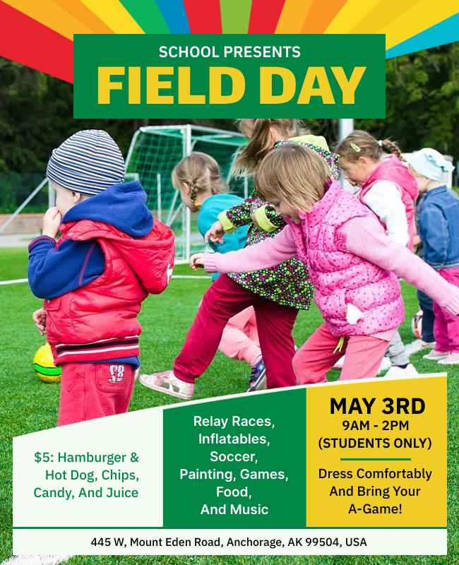 School event flyer showcasing exciting outdoor activities and team games