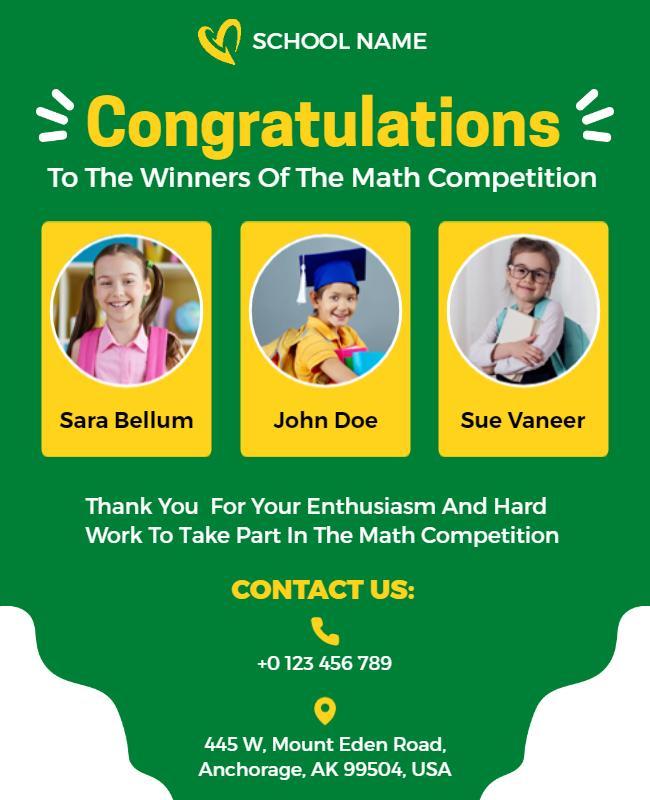 School winners announcement flyer with a vibrant and celebratory design